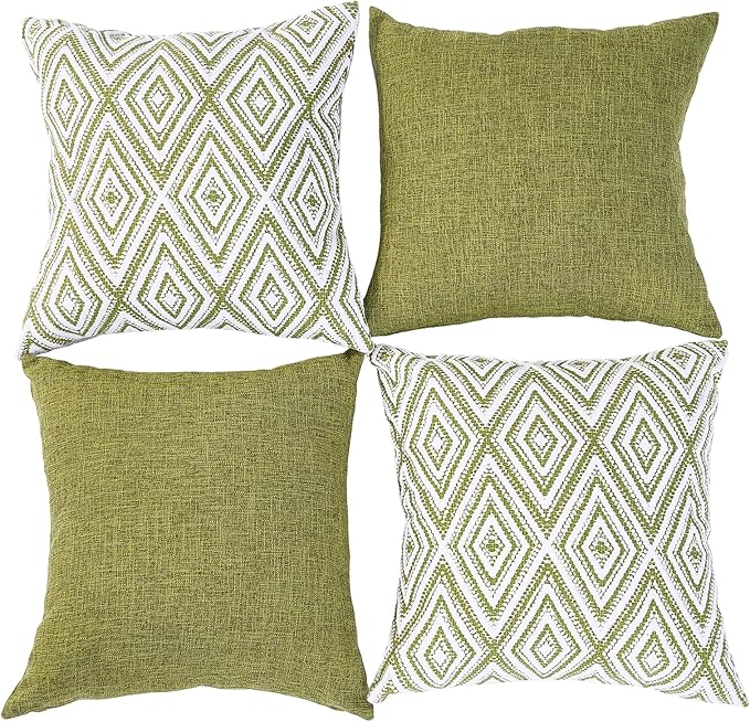 HPUK Decorative Throw Pillow Covers Set of 4 Geometric Design Linen Cushion Cover for Couch Sofa Living Room, 18"x18" inches, Green