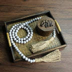 CVHOMEDECO. Wood Beads Garland with Tassels Farmhouse Rustic Wooden Prayer Bead String Wall Hanging Accent for Home Festival Decor. Grey Distressed