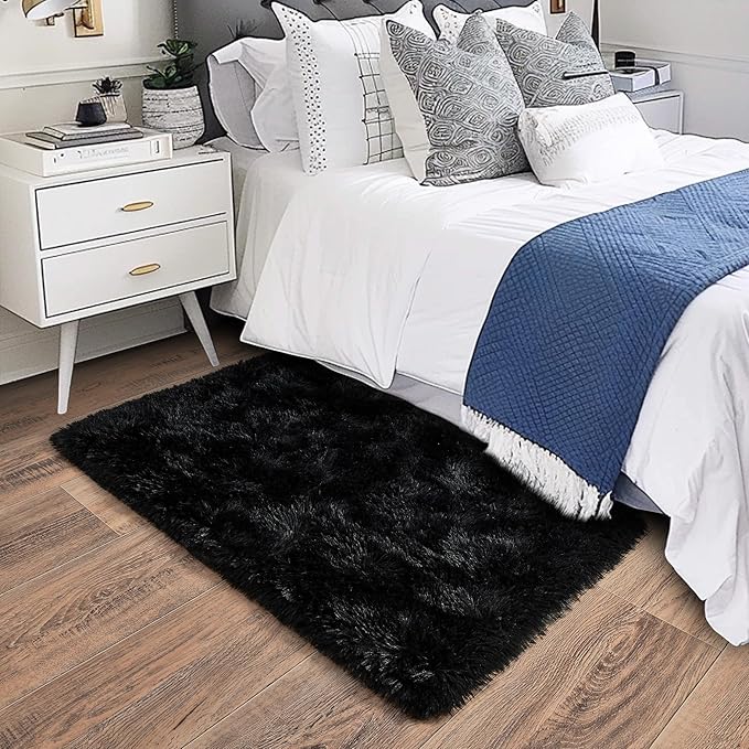 Small Black Area Rug, 2x3 Rug for Bedroom Shaggy Throw Rugs for Dorm Rug, Soft Shag Carpet for Kids Room, Plush Comfy Fluffy Bedside Rug for Home Decor Aesthetic