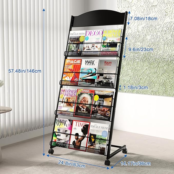 Brochure Display Stand 4 Layer Floor-Standing Magazine Rack Literature Newspaper Catalog Display Holder with Wheels and Top Billboard for Exhibitions,School, Hotel, Hospitals, Offices (Black)