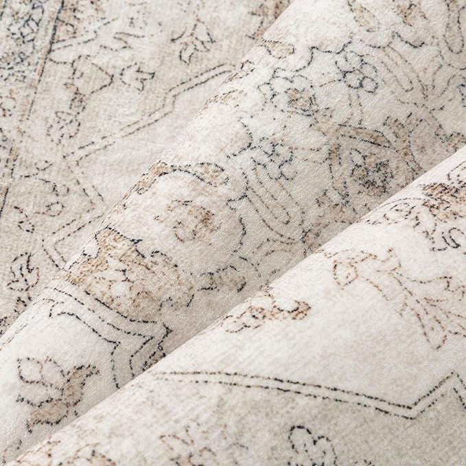 Beige Area Rug 7x9 Washable Living Room Carpet Vintage Non Slip Soft Bedroom Indoor Office Retro Low Pile Thin Oriental Medallion Large Rug for Dining Room Playroom