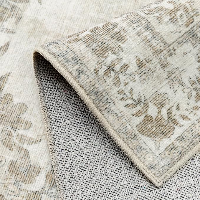 4x6 Area Rug Beige Washable Office Vintage Distressed Carpet Bedroom Indoor Medallion Floral Living Room Non Slip Retro Throw Floor Mat for Dining Room Kitchen Bathroom