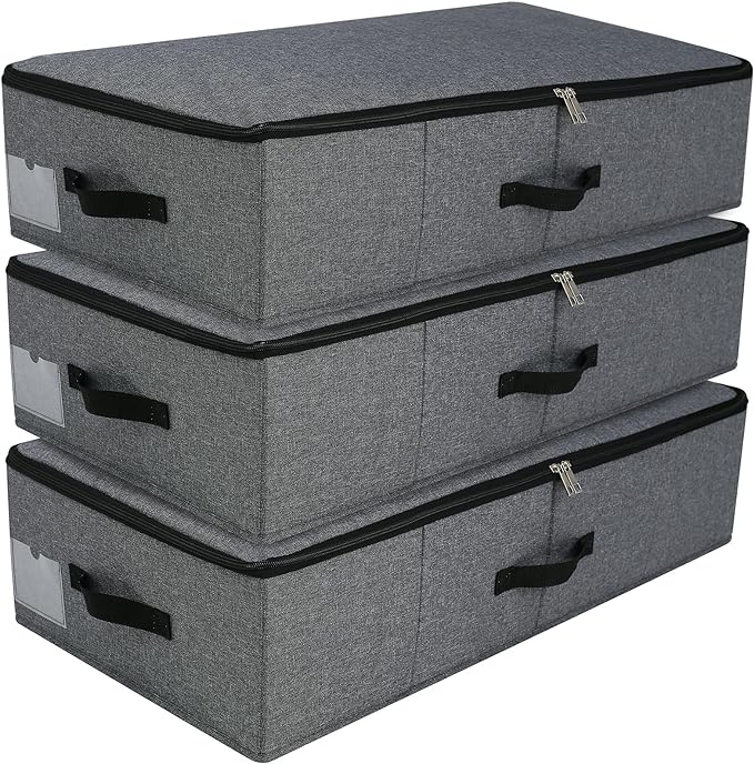 AMJ Large Under Bed Storage Containers, 3 Pack Closet Organizers Bins, Foldable Closet Organizers Storage for Blankets, Towels, Comforter, Sweaters, Linen Sheets, Wrapping Paper (Black Grey)