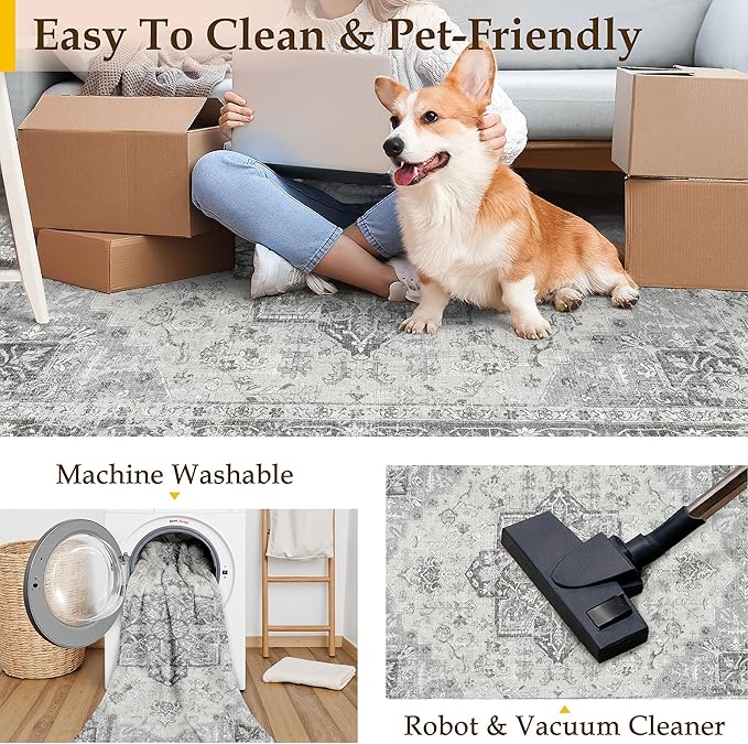 Gray 5x7 Area Rug Washable Vintage Living Room Carpet Non Slip Retro Distressed Low Pile Soft Oriental Medallion Thin Grey Throw Rug for Kitchen Bathroom Office Bedroom Dining Room