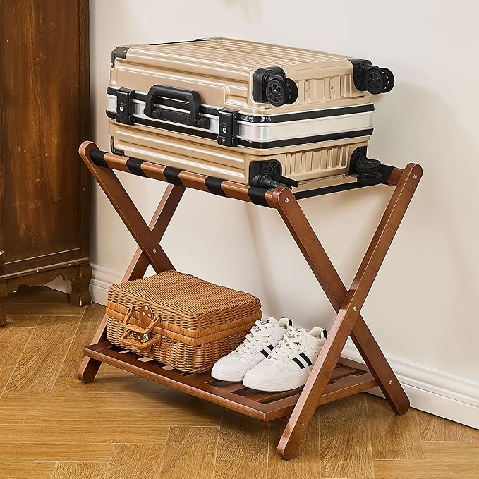 Fully Assembled Luggage Rack, Walnut Luggage Rack for Guest Room, Bamboo Folding Suitcase Stand with Storage Shelf, 5 Nylon Straps, Heavy Duty Luggage Holder for Bedroom Hotel, 1 Pack