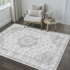 Grey Gray Area Rug 4x6 Washable Vintage Carpet for Office Living Room Soft Retro Low Pile Thin Indoor Rug Non Slip Oriental Medallion Floor Cover for Bedroom Kitchen Dining Room