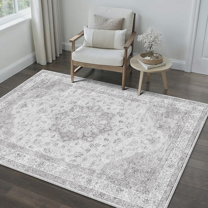 Grey Gray Area Rug 4x6 Washable Vintage Carpet for Office Living Room Soft Retro Low Pile Thin Indoor Rug Non Slip Oriental Medallion Floor Cover for Bedroom Kitchen Dining Room