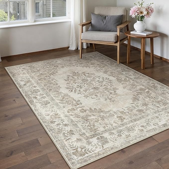 4x6 Area Rug Beige Washable Office Vintage Distressed Carpet Bedroom Indoor Medallion Floral Living Room Non Slip Retro Throw Floor Mat for Dining Room Kitchen Bathroom