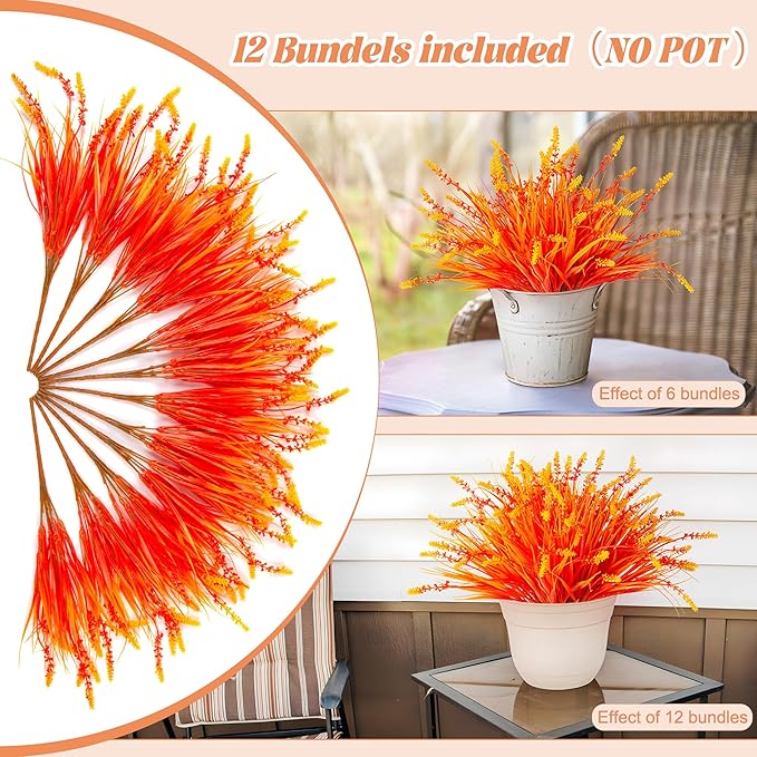 Artificial Fake Plants Flowers for Outdoors Fall Decor, 12 Bundles Fall Leaves Faux Lavender Flowers for Autumn Decoration, Fake Shrubs UV Resistant Planter No Fade for Garden Porch Balcony(Orange)