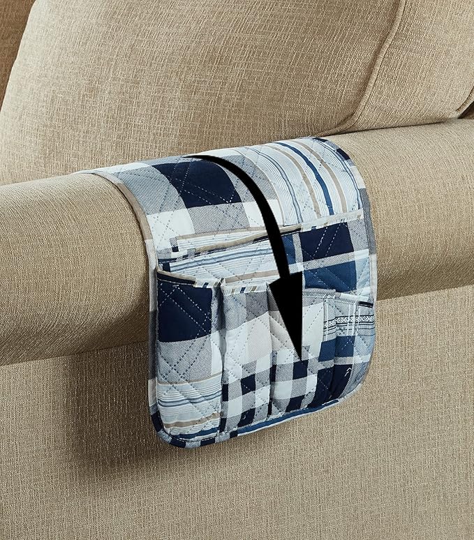Brilliant Sunshine Multi Blue Plaids and Stripes Patchwork Sofa Armrest 5 Pockets Organizer, Slip Resistant Armchair Caddy, Washable Remote Controls Holder, Storage for Magazine, Tablet, 35×13", Blue