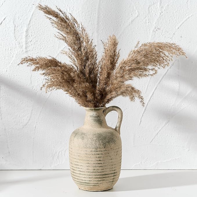 SIDUCAL Rustic Ceramic Farmhouse Flower Vase with 1 Handle-Height 8.43" Terracotta Vase, Unique Textured Pottery Flower Vases for Home Decor, Table, Wedding, Living Room, Shelf Decor, Terra