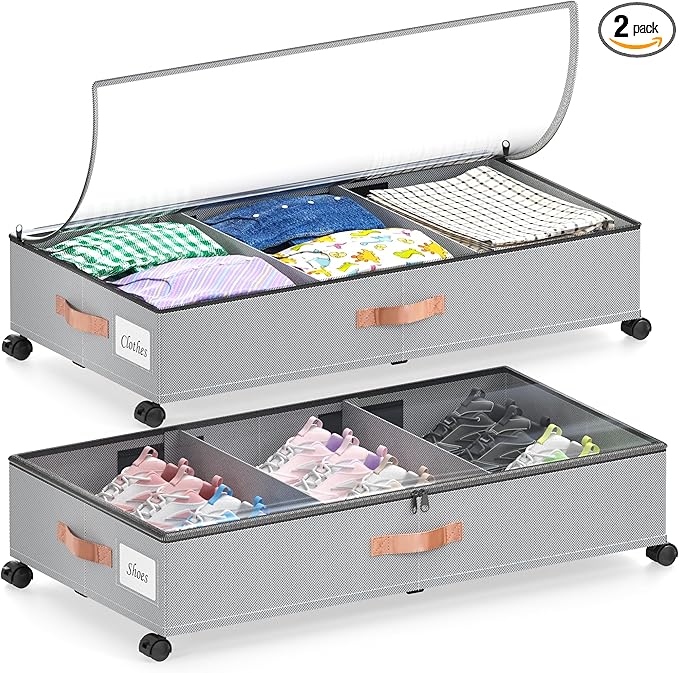 Under Bed Storage with Wheels, 2-Pack Under Bed Storage Containers with Clear Lids, XXL 65L Under the bed storage Organizer Bins, Rolling Under Bed Metal Drawer for Clothes,Shoes,Toys (gray)