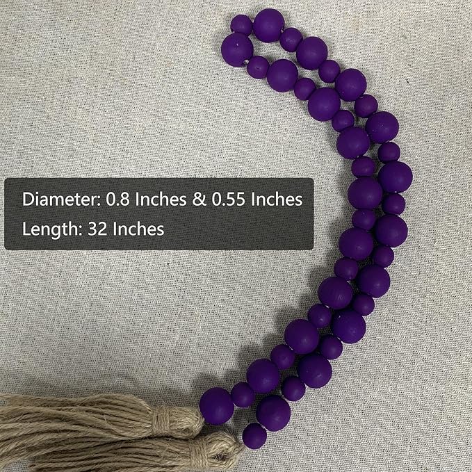 Handcrafted Farmhouse Wooden Decorative Beads Garland, Table Tray Boho Wood Beads with Tassel, Small Rustic Antique Decor for Home and Events (Royal Purple)