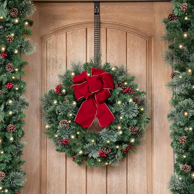 Haute Decor Set of 2 Hook & Lattice Adjustable Length Metal Wreath Hangers, Matte Black (2 Pack) - Unique Over The Door Wreath Holder - Holds 20 Pounds