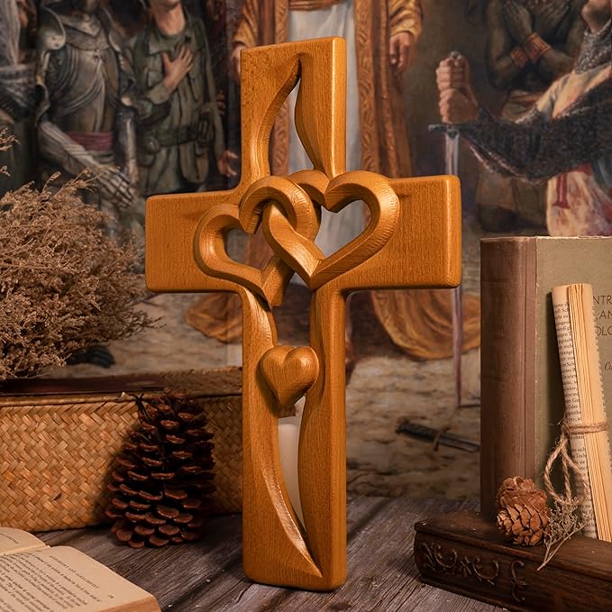 BGCOPPER Marriage Cross for Wall Love Wall Decor, Handmade Wooden Intertwined Heart Wall Cross for Wedding Valentine Christmas Gift (Wood, 14 Inch)