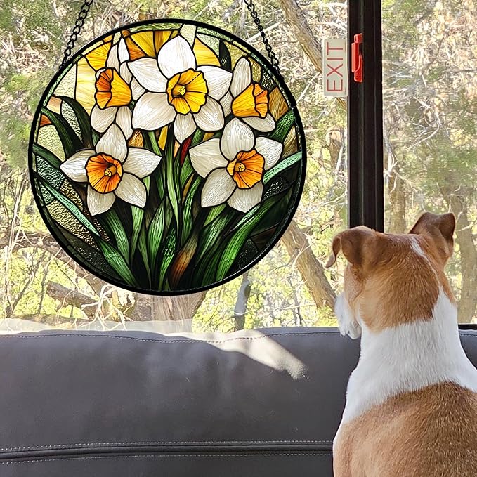 Stained Glass Window Hanging, Yellow and White Daffodils Sun Catcher for Door Home Decor Plants Flowers Suncatcher Christmas Mother's Day Birthday Gifts for Women Men Mom Nana 15 in