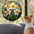 Stained Glass Window Hanging, Yellow and White Daffodils Sun Catcher for Door Home Decor Plants Flowers Suncatcher Christmas Mother's Day Birthday Gifts for Women Men Mom Nana 15 in