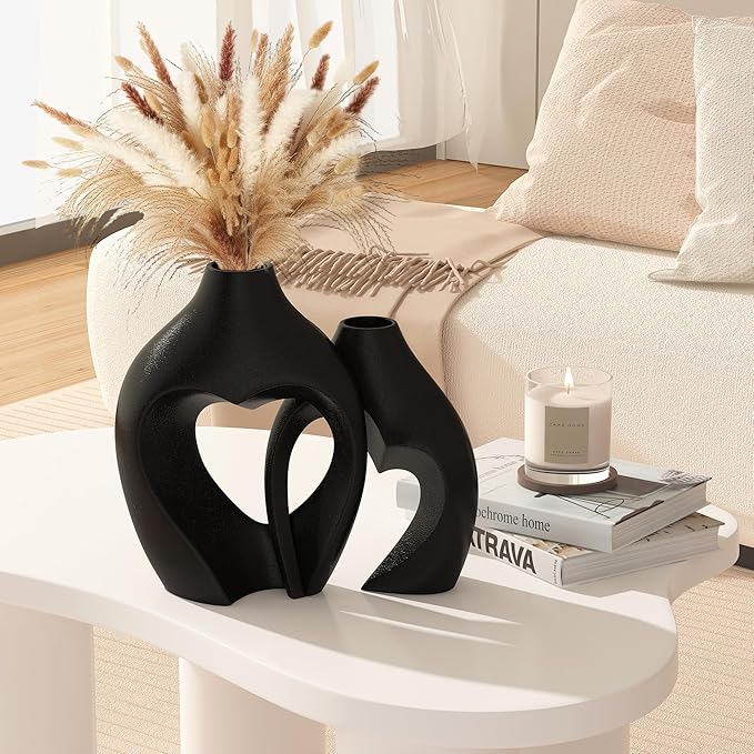 Black Vases for Decor, Heart Shaped Ceramic Vase Set of 2, Nordic Heart Shaped Vases, Minimalist Decorative Vase for Table Centerpiece Wedding Dining Living Room Office House Decoration