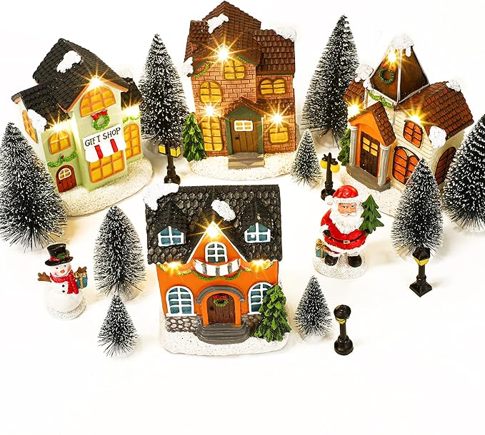 Aneco 19 Pieces Christmas Village Set Resin Christmas Houses with Santa Claus Snowman Figurines, LED Light Lamps, and Pine Trees, Xmas Town Scene Building Ornaments for Winter Home Desktop Decor Gift