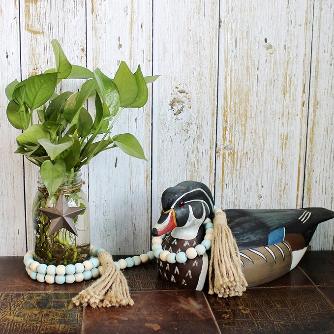 CVHOMEDECO. Wood Beads Garland with Tassels Farmhouse Rustic Wooden Prayer Bead String Wall Hanging Accent for Home Festival Decor. Teal Mix Distressed