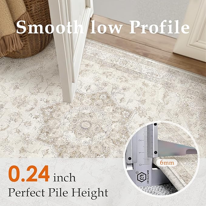 Beige Area Rug 7x9 Washable Living Room Carpet Vintage Non Slip Soft Bedroom Indoor Office Retro Low Pile Thin Oriental Medallion Large Rug for Dining Room Playroom