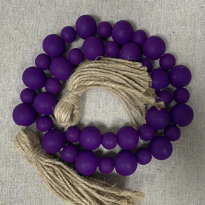 Handcrafted Farmhouse Wooden Decorative Beads Garland, Table Tray Boho Wood Beads with Tassel, Small Rustic Antique Decor for Home and Events (Royal Purple)
