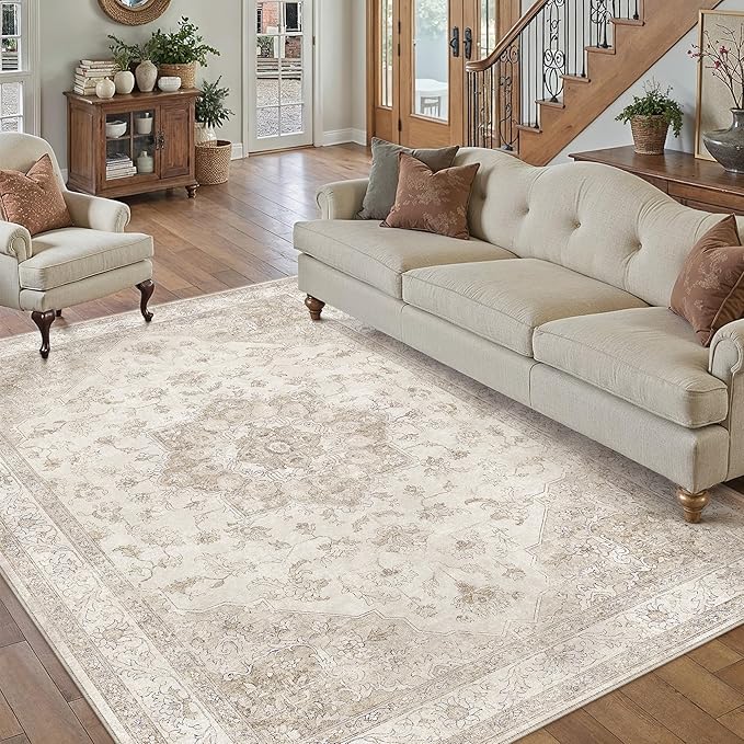 Beige Area Rug 7x9 Washable Living Room Carpet Vintage Non Slip Soft Bedroom Indoor Office Retro Low Pile Thin Oriental Medallion Large Rug for Dining Room Playroom