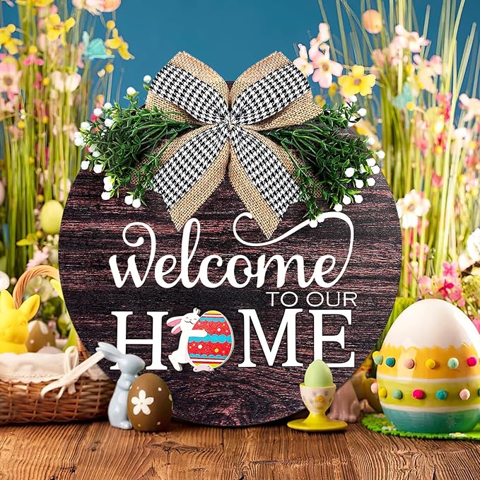 Interchangeable Seasonal Welcome Sign Front Door Decorations, Round Wood Wreath for Outdoor, Farmhouse, Porch Perfect for New Home Housewarming Gift, Valentine's, Easter, Christmas Home Decor