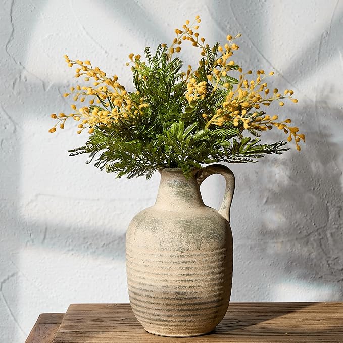 SIDUCAL Rustic Ceramic Farmhouse Flower Vase with 1 Handle-Height 8.43" Terracotta Vase, Unique Textured Pottery Flower Vases for Home Decor, Table, Wedding, Living Room, Shelf Decor, Terra