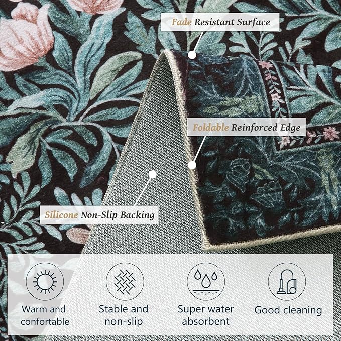 Washable Runners for Hallways Area Rugs 2x6 Black Green Vintage Floral Botanical Pattern Perfect for Soft Hallway Rug Carpet for Kitchen Bedroom Bathroom Laundry Room