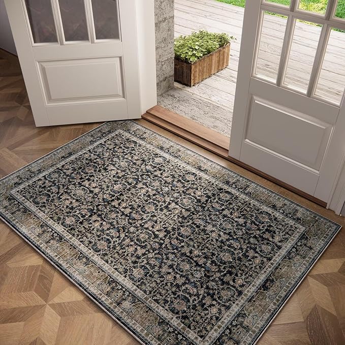 Washable 3x5 Entryway Rug, Boho Non-Slip Vintage Distress Small Rugs for Kitchen Nursery Office Bedroom, 0.3" Neutral Oriental Throw Thin Carpet with Cushioning Pad, Black/Brown/Blue/Multi