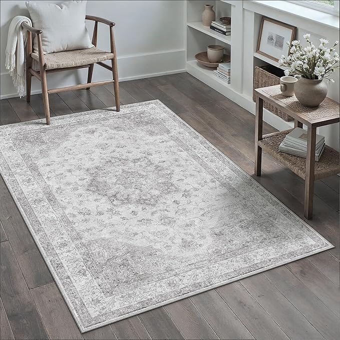 Grey Gray Area Rug 4x6 Washable Vintage Carpet for Office Living Room Soft Retro Low Pile Thin Indoor Rug Non Slip Oriental Medallion Floor Cover for Bedroom Kitchen Dining Room