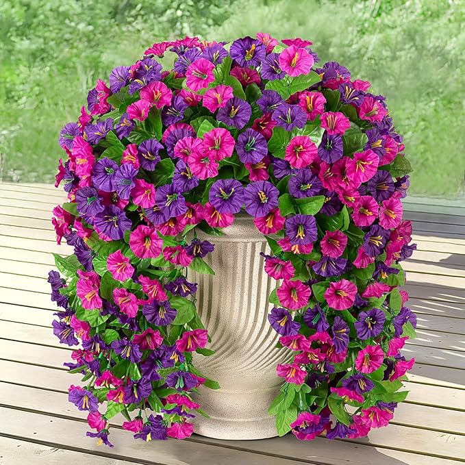 Artificial Fake Hanging Flowers Plants for Outdoor Decoration, 2PCS Faux Silk Morning Glory Long Vines Stems UV Resistant Look Real for Spring Summer Outside Home Porch Patio(Violet Red Purple)