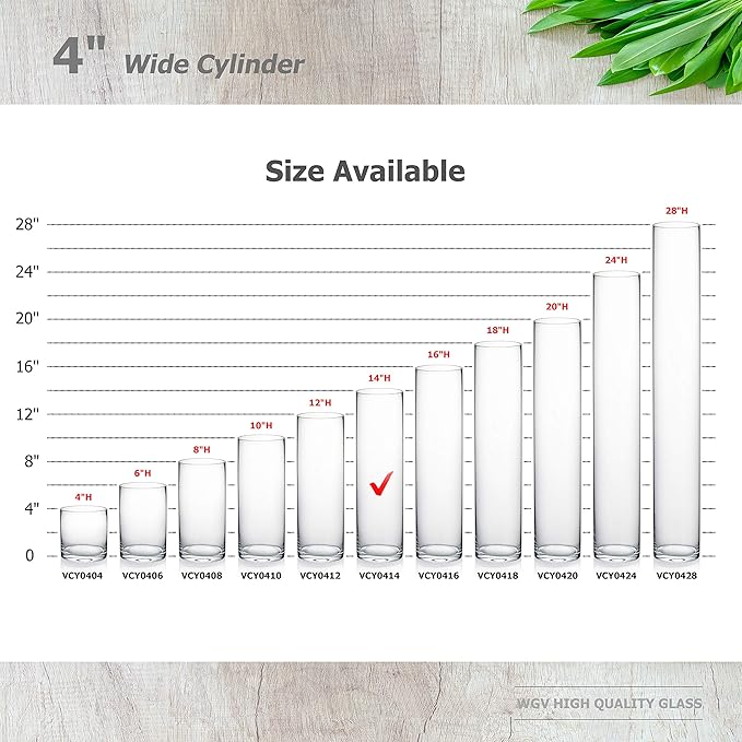WGVI Quality Thick Weighted Tall Clear Cylinder Glass Vases, 4" W x 14" H, Flower Arrangement Floating Candle Holders Wedding Centerpieces Floral Container Home Decor, Bulk Wholesale, 12 Pcs