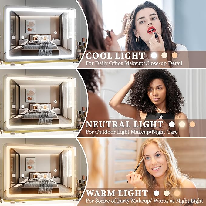FENNIO Vanity Mirror with Lights 32"x22", Lighted Makeup Mirror, Large Vanity Mirror with Lights, Touch Sensor with 3 Color Lighting,USB Charging Port for Vanity Desk Tabletop（Gold）