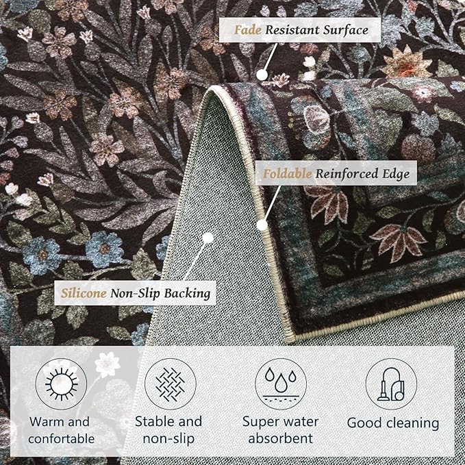 Traditional Design Vintage Floral Area Rug 9 x 12,Washable Area Rugs - Perfect for Living Room, Bedroom, Kids Room, Nursery - Stain & Water Resistant Non-Slip, Dining Room Decor