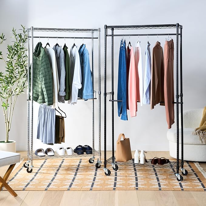 Amazon Basics Adjustable Clothes Rack for Handing, Double Hanging Rod Garment Rolling Closet Clothing Organizer, Chrome, 36'' x 14'' x 72''