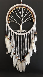 OMA Dream Catcher, Tree of Life Design with Feathers and Beads, White Suede Authentic Traditional Dream Catcher Boho Home Decor Bedroom Decoration Gift - Large Size - 36" Long x 11" Diameter (Brown)