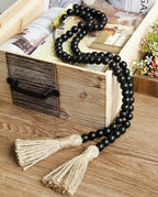 58in Wood Bead Garland with Tassels, Farmhouse Rustic Country Decor Prayer Boho Wall Hanging Decoration (Black)