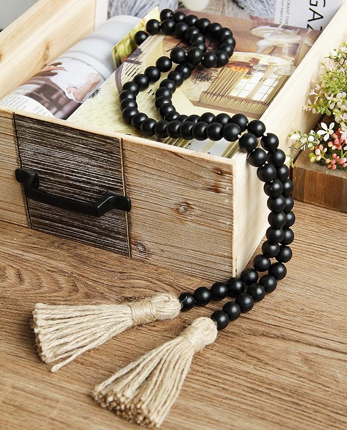 58in Wood Bead Garland with Tassels, Farmhouse Rustic Country Decor Prayer Boho Wall Hanging Decoration (Black)