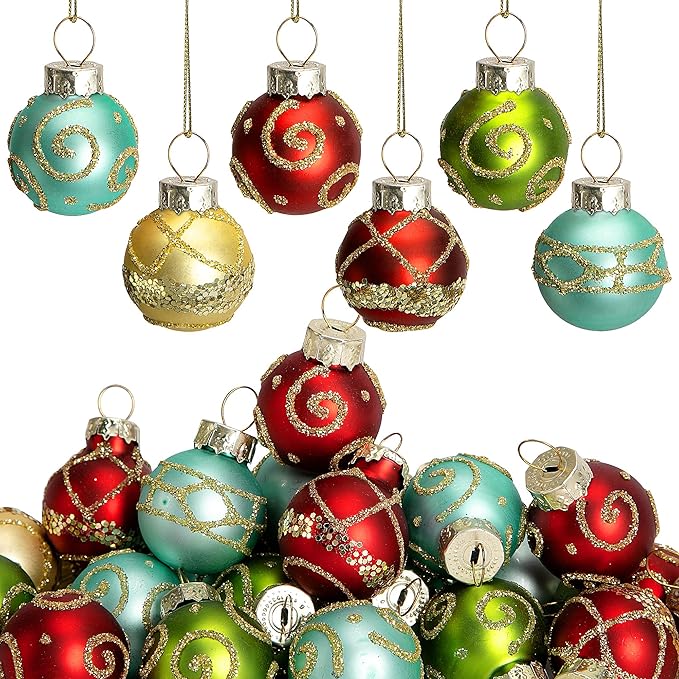 Watayo 24 Pcs Christmas Mini Multi Color Balls Glass Ornaments, 1" Mini Vintage Glittering Ball Hanging Ornaments for Tree, Red Green Gold Blue Glass Small Ball Tree Decoration for Xmas Home Decor