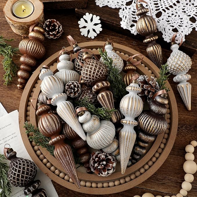 Yunlly 9 Pcs Neutral Christmas Ornaments Textured Christmas Tree Decor with Hanging Loop Modern Brown Hanging Finial Ornaments Shatterproof Home Decor for Xmas Vintage Rustic Farmhouse (Classic Color)