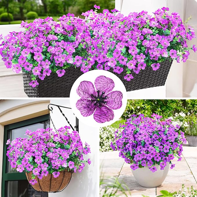Artificial Flowers for Outdoors,Faux Flowers Daisy with Eucalyptus Leaves for Indoor Garden Home Decoration,UV Resistant Artificial Flower Fake Plants for Porch Patio, 12 Bundles (Purple)