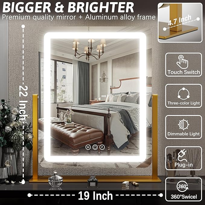 FENNIO Vanity Mirror with Lights 22 Inch- LED Lighted Makeup Mirror,Large Makeup Mirror with Lights,Touch Screen with 3-Color Lighting,Led Mirror Makeup,Dimmable(Gold)