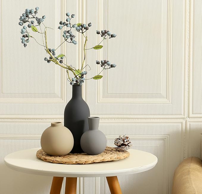 Ceramic Vase Set of 3, Flower Decorative Vases Home Decor Boho Neutral Modern Pottery Pampas Vases for Centerpiece Bouquet Table Mantel Entryway Bookshelf Living Room Bedroom Bathroom Kitchen
