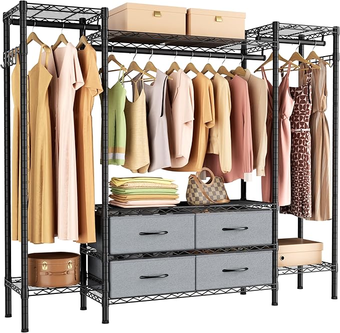 Heavy Duty Garment Rack Clothes Rack,Large Metal Closet Organizer System Storage Wardrobe,Freestanding Clothing Rack with 8 Adjustable Wire Shelves&3 Hang Rods,MaxLoad 900lbs