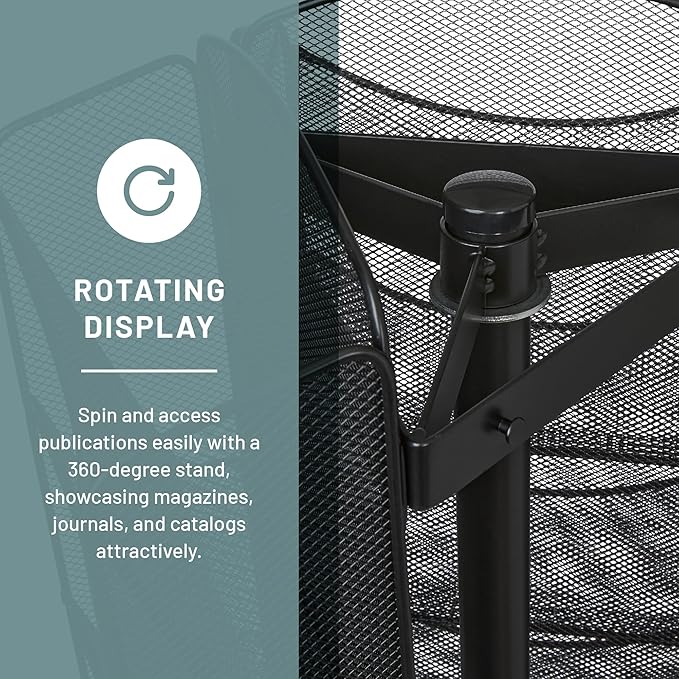 Safco Onyx Rotating Mesh Magazine Holder, Display Rack with 30 Pockets, Brochure Organizer, Commercial-Grade Steel Construction, Black