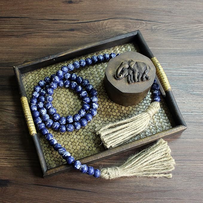 CVHOMEDECO. Wood Beads Garland with Tassels Farmhouse Rustic Wooden Prayer Bead String Wall Hanging Accent for Home Festival Decor. Navy Blue Stained