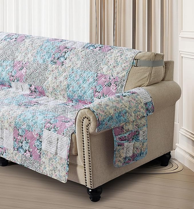 Brilliant Sunshine Lilac Rose Couch Sofa Armrest 5 Pockets Organizer, Slip Resistant Recliner Armchair Caddy, Washable Remote Controls Holder, Storage for Magazine, Tablet, Phone, 35×13", Egg Blue