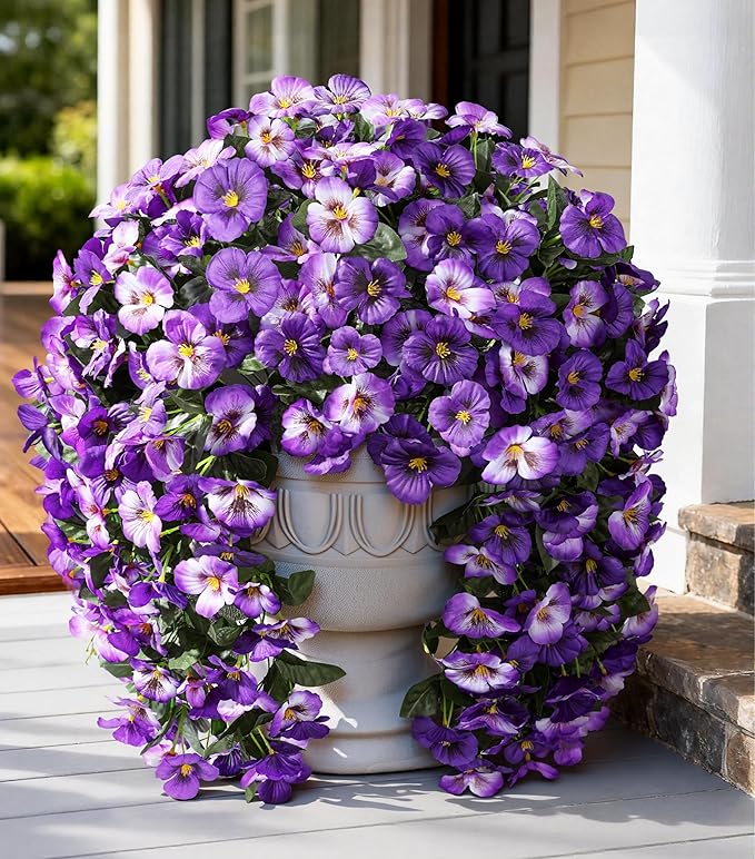 HyeFlora Artificial Flowers for Outdoors 2pcs Faux Silk Pansy Vines Lush UV Resistant Fake Hanging Flower Plants for Outside Porch Yard Patio Window Box (White)